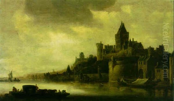 The River Waal At Nijmegen With The Valkhof And A Ferry Crossing In The Foreground Oil Painting by Frans de Hulst