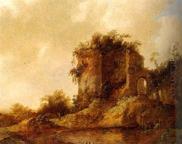 A Washerwoman By A Pond Near A Ruined Tower In The Dunes Oil Painting by Frans de Hulst