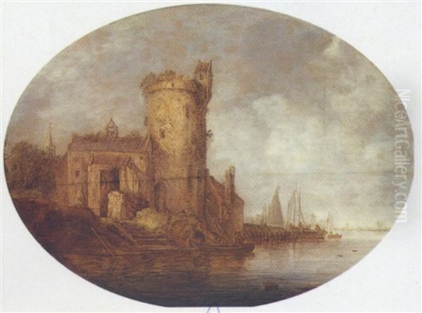 River Landscape With Fishermen Near A Ruined Tower Oil Painting by Frans de Hulst