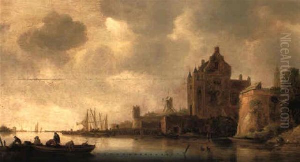 A River Landscape With Fishermen Hauling In Their Nets Before A Castle Oil Painting by Frans de Hulst