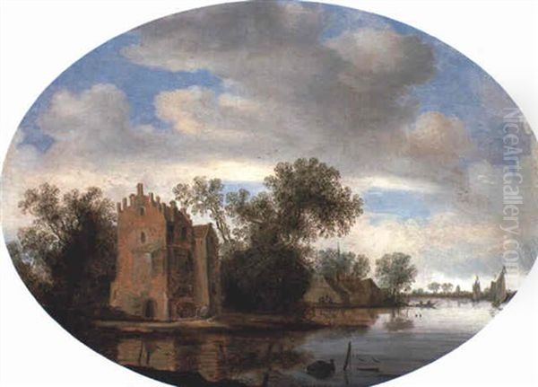 An Estuary With Anglers By A Tower Oil Painting by Frans de Hulst