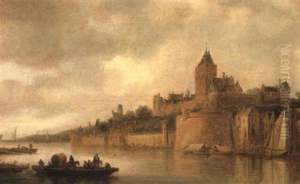 The Valkof, Nijmegen, With A Ferry On The Waal In The Foreground Oil Painting by Frans de Hulst