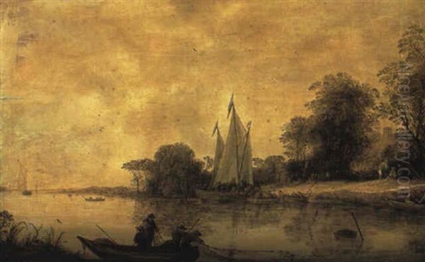 River Estuary With Fishermen Hauling In Their Nets Oil Painting by Frans de Hulst