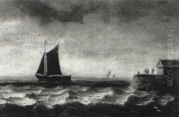 Fishing Boat In Rough Seas Off A Jetty Oil Painting by Frans de Hulst