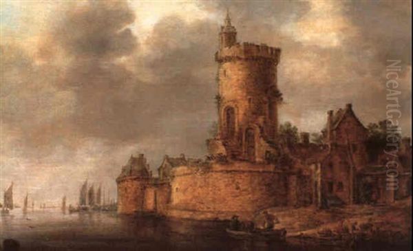 Befestigte Stadt An Einem Flus Hinter Einer Rundbastion Oil Painting by Frans de Hulst