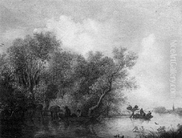 A River Landscape With Anglers Fishing From Their Boats Oil Painting by Frans de Hulst