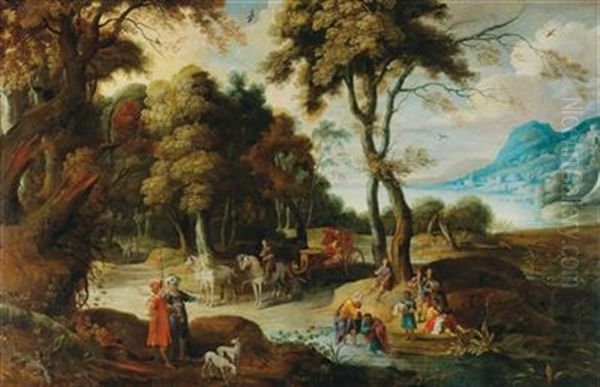 A Mountainous Landscape With The Baptism Of The Eunuch Oil Painting by Pieter van der Hulst