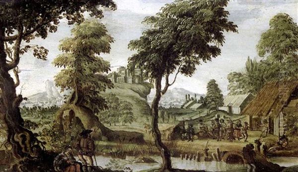 Paysage Vallonne Avec Paysans Dansant Le Long D'une Riviere Oil Painting by Pieter van der Hulst