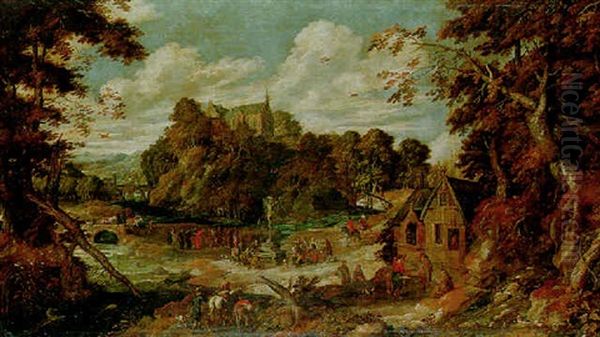 An Extensive Wooded Landscape With Pilgrims Worshipping A Miraculous Crucifix... Oil Painting by Pieter van der Hulst