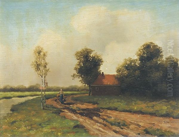 Weite Landschaft Mit Bauerin Auf Einer Dorfstrase Oil Painting by Cornelis Johannes van Hulsteyn