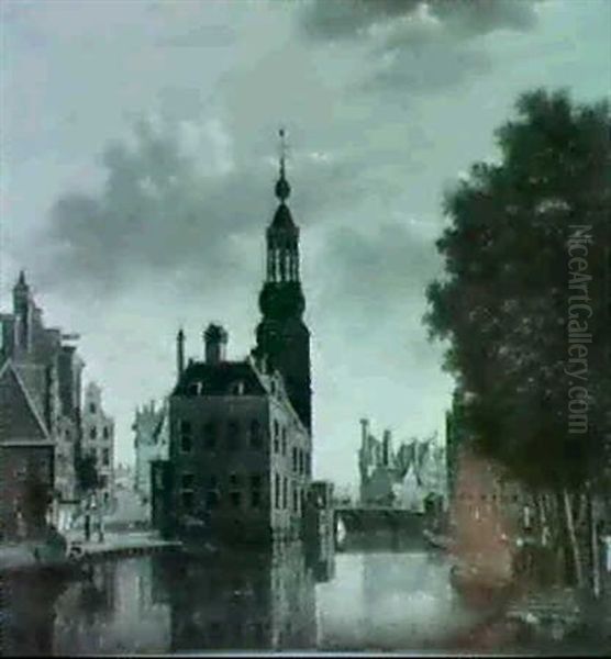 A View Of The Singel, Amsterdam, With A Barge Being         Loaded, The Munttoren Beyond Oil Painting by Jan Hulswit