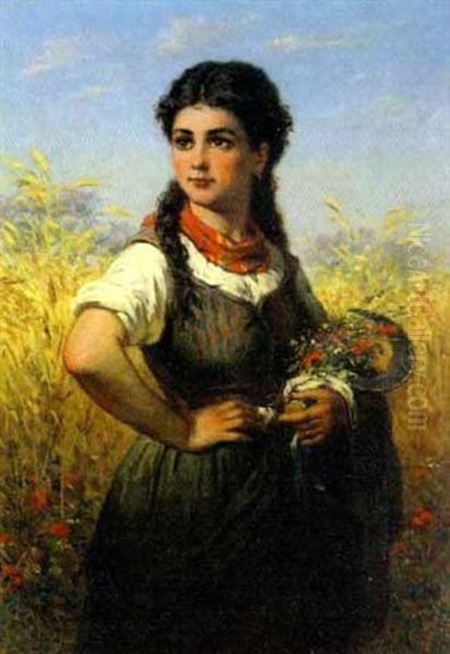 Junge Bauerin Mit Wiesenblumenstraus Und Handsichel Vor Kornfeld Oil Painting by August Clemens Humbert