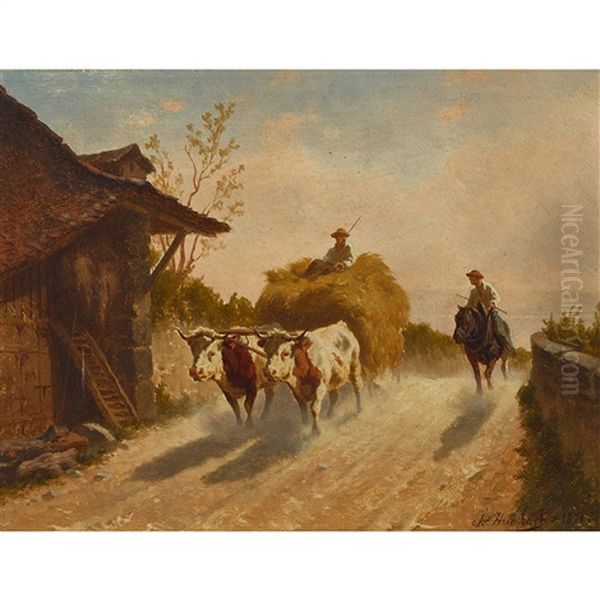 Strassenpartie Mit Heuwagen Und Reiter Oil Painting by Charles (Jean-Ch. Ferdinand) Humbert