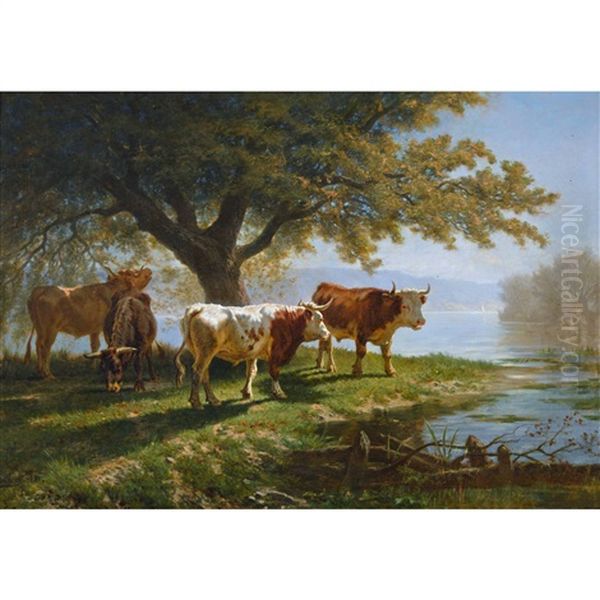 Kuhherde Am Besonnten Ufer Des Genfersees Oil Painting by Charles (Jean-Ch. Ferdinand) Humbert