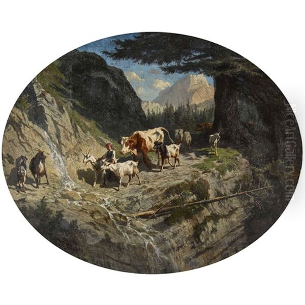 Viehherde Auf Steilem Bergpfad Oil Painting by Charles (Jean-Ch. Ferdinand) Humbert