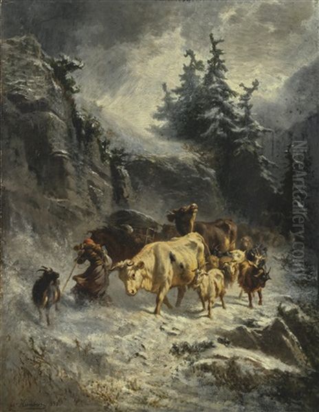 Troupeau Dans Une Tempete De Neige Oil Painting by Charles (Jean-Ch. Ferdinand) Humbert