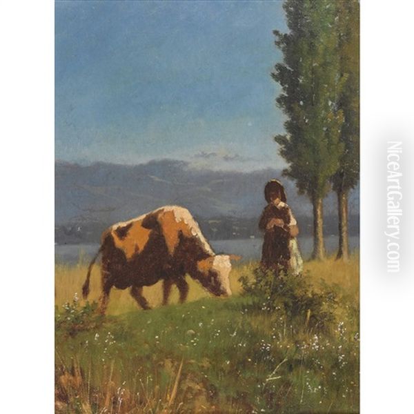 Bauerin Mit Kuh Oil Painting by Charles (Jean-Ch. Ferdinand) Humbert