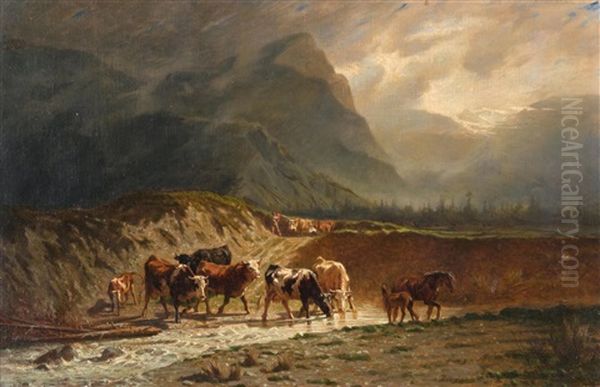 An Einem Wildbach Trinkende Viehherde In Alpiner Landschaft Oil Painting by Charles (Jean-Ch. Ferdinand) Humbert