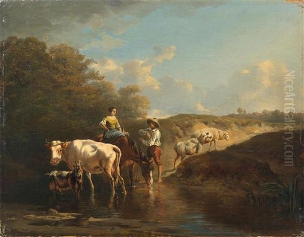 Pair Of Herders With Animals At The Waterside Oil Painting by Charles (Jean-Ch. Ferdinand) Humbert