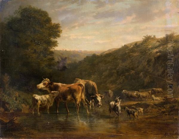 Viehherde An Der Tranke Oil Painting by Charles (Jean-Ch. Ferdinand) Humbert