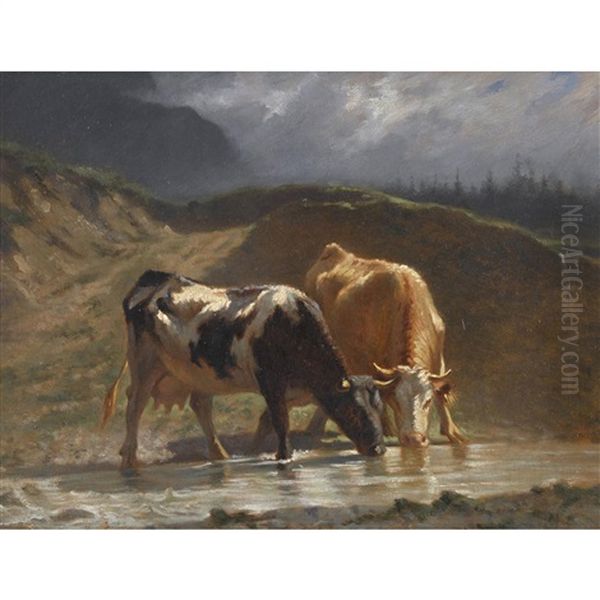 Kuhe An Der Tranke Oil Painting by Charles (Jean-Ch. Ferdinand) Humbert