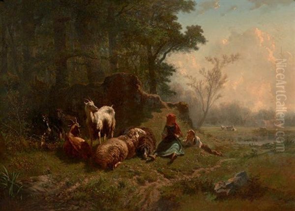 Couple De Jeunes Bergers Dans Un Paysage De Marais Oil Painting by Charles (Jean-Ch. Ferdinand) Humbert