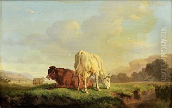 Deux Vaches Dans Un Pre Oil Painting by Charles (Jean-Ch. Ferdinand) Humbert