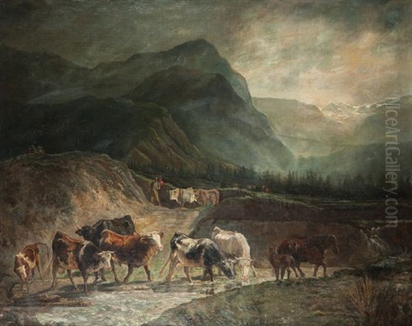 Vaches S'abreuvant Dans Les Alpes by Charles (Jean-Ch. Ferdinand) Humbert