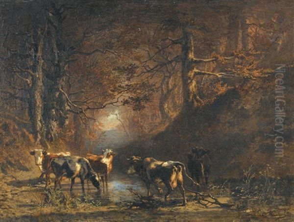 Waldlichtung Mit Kuhen An Einer Wasserstelle Oil Painting by Charles (Jean-Ch. Ferdinand) Humbert