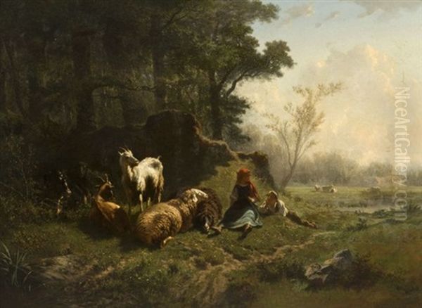 Couple De Jeunes Bergers Dans Un Paysage De Marais Oil Painting by Charles (Jean-Ch. Ferdinand) Humbert