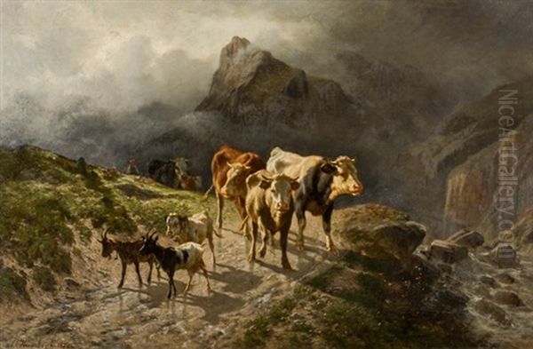 Alpaufzug Mit Kuhen, Kalbern Und Ziegen Oil Painting by Charles (Jean-Ch. Ferdinand) Humbert