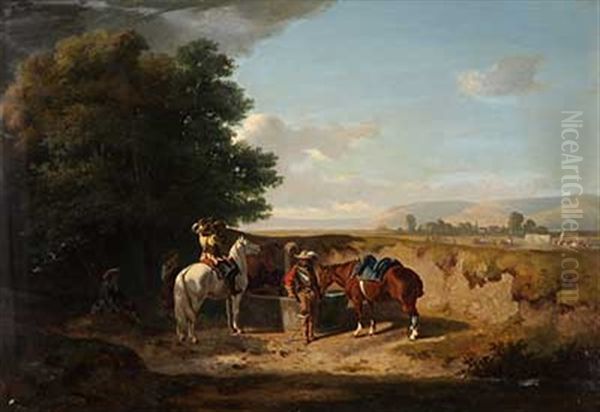 Eskorte Bei Der Rast Oil Painting by Charles (Jean-Ch. Ferdinand) Humbert