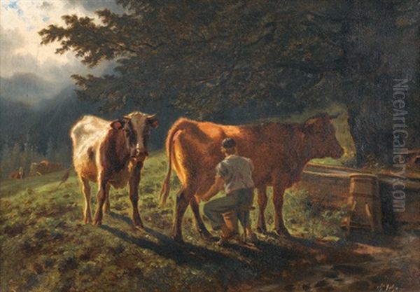 Landschaft Mit Kuhen Und Melkendem Bauern Oil Painting by Charles (Jean-Ch. Ferdinand) Humbert