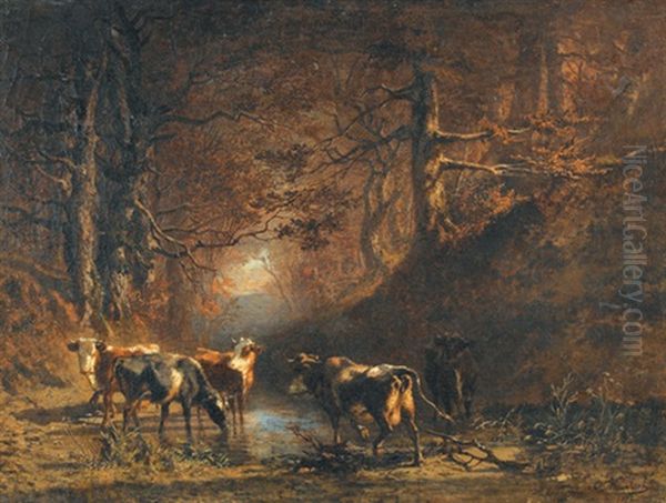 Waldlichtung Mit Kuhen An Einer Wasserstelle Oil Painting by Charles (Jean-Ch. Ferdinand) Humbert