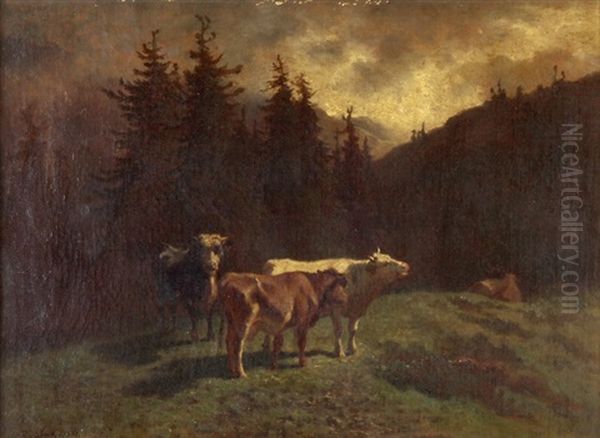 Kuhe Auf Der Weide Oil Painting by Charles (Jean-Ch. Ferdinand) Humbert