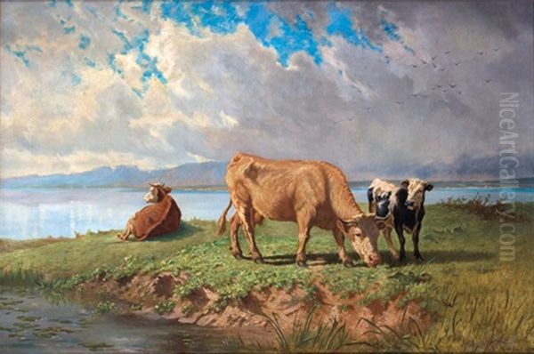 Vaches Au Bord Du Leman, Le Bouveret Oil Painting by Charles (Jean-Ch. Ferdinand) Humbert