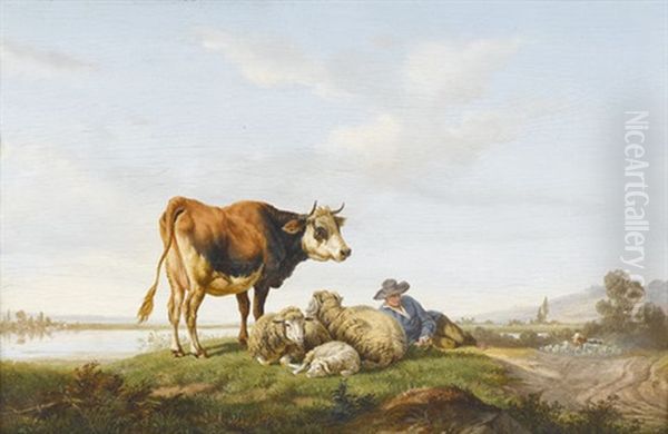 Idyllische Landschaft Mit Hirten, Rind Und Schafen Oil Painting by Charles (Jean-Ch. Ferdinand) Humbert