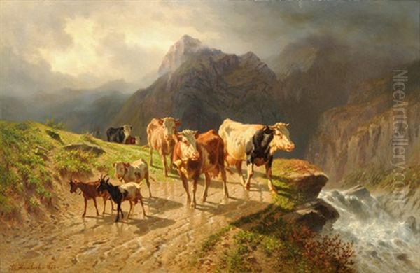 Alplandschaft Mit Kuhen Und Ziegen Oil Painting by Charles (Jean-Ch. Ferdinand) Humbert