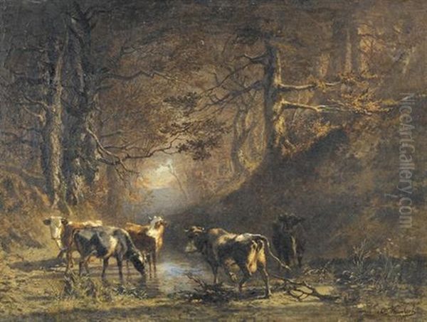 Kuhe An Einer Wasserstelle Auf Einer Waldlichtung Oil Painting by Charles (Jean-Ch. Ferdinand) Humbert