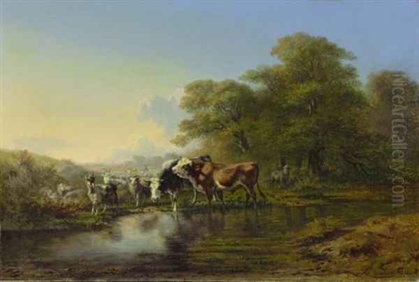 Boeufs Et Chevres (cattle And Goats) Oil Painting by Charles (Jean-Ch. Ferdinand) Humbert