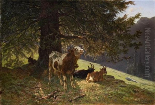 Paysage Avec Une Vache Et Chevres Oil Painting by Charles (Jean-Ch. Ferdinand) Humbert