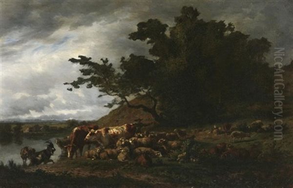 Hirte Mit Vieh Am Flusufer. Abendliche Gewitterstimmung Oil Painting by Charles (Jean-Ch. Ferdinand) Humbert