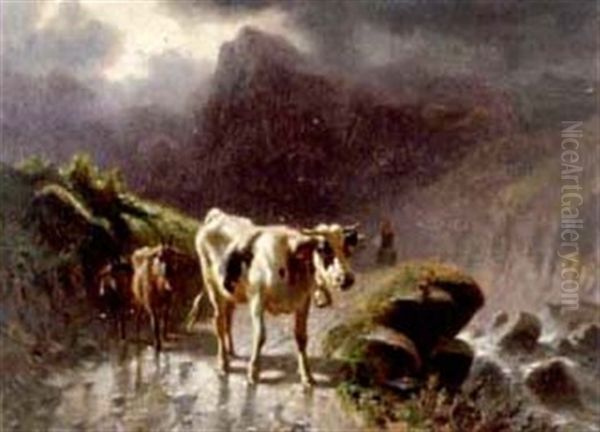 Rind Und Zwei Ziegen Aud Alpweg Nach Gewitter Oil Painting by Charles (Jean-Ch. Ferdinand) Humbert