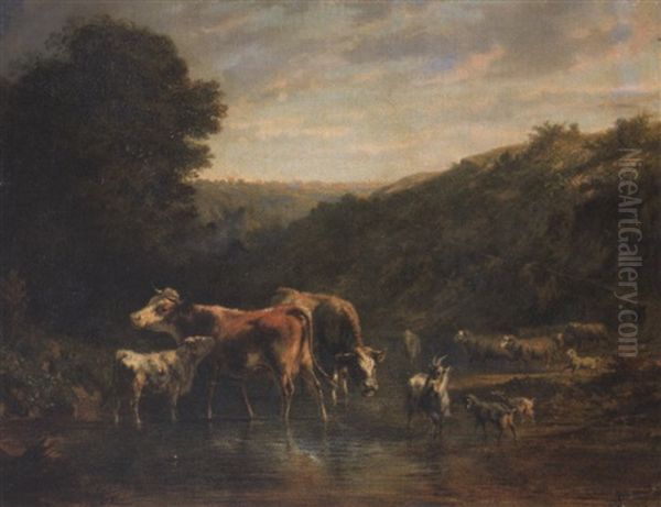 Kuhe, Ziegen Und Schafe Am Wasser Oil Painting by Charles (Jean-Ch. Ferdinand) Humbert