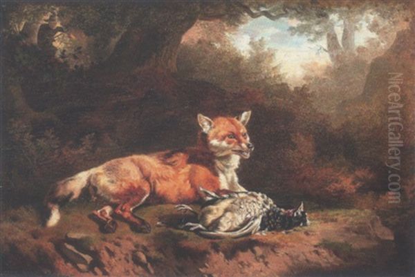 Fuchs Mit Totem Rebhuhn Am Waldrand Oil Painting by Charles (Jean-Ch. Ferdinand) Humbert