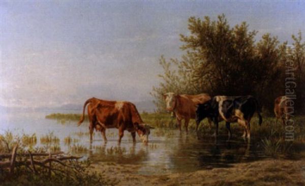 Kuhe Im Seichten Flusswasser Oil Painting by Charles (Jean-Ch. Ferdinand) Humbert