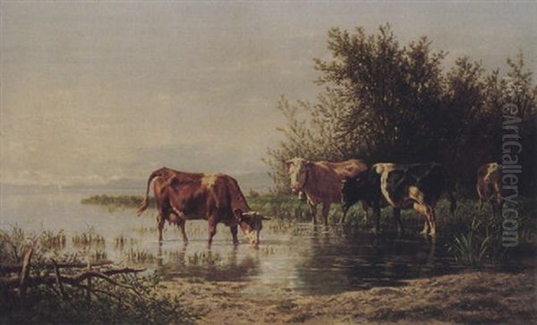 Kuhe Am See Oil Painting by Charles (Jean-Ch. Ferdinand) Humbert