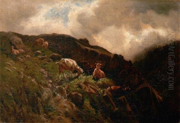 Ziegen In Gebirgslandschaft Oil Painting by Charles (Jean-Ch. Ferdinand) Humbert