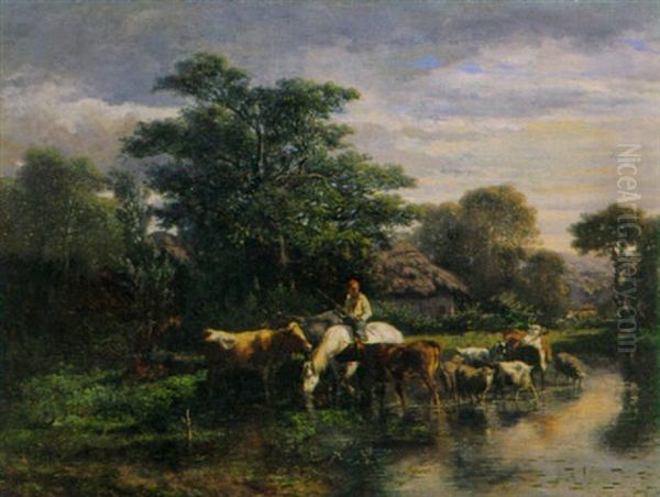 Hirte Mit Kuhen Und Schafen Am Teich Oil Painting by Charles (Jean-Ch. Ferdinand) Humbert