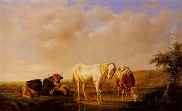 Weidenlandschaft Mit Schimmel, Kuhen Und Schaf Oil Painting by Charles (Jean-Ch. Ferdinand) Humbert